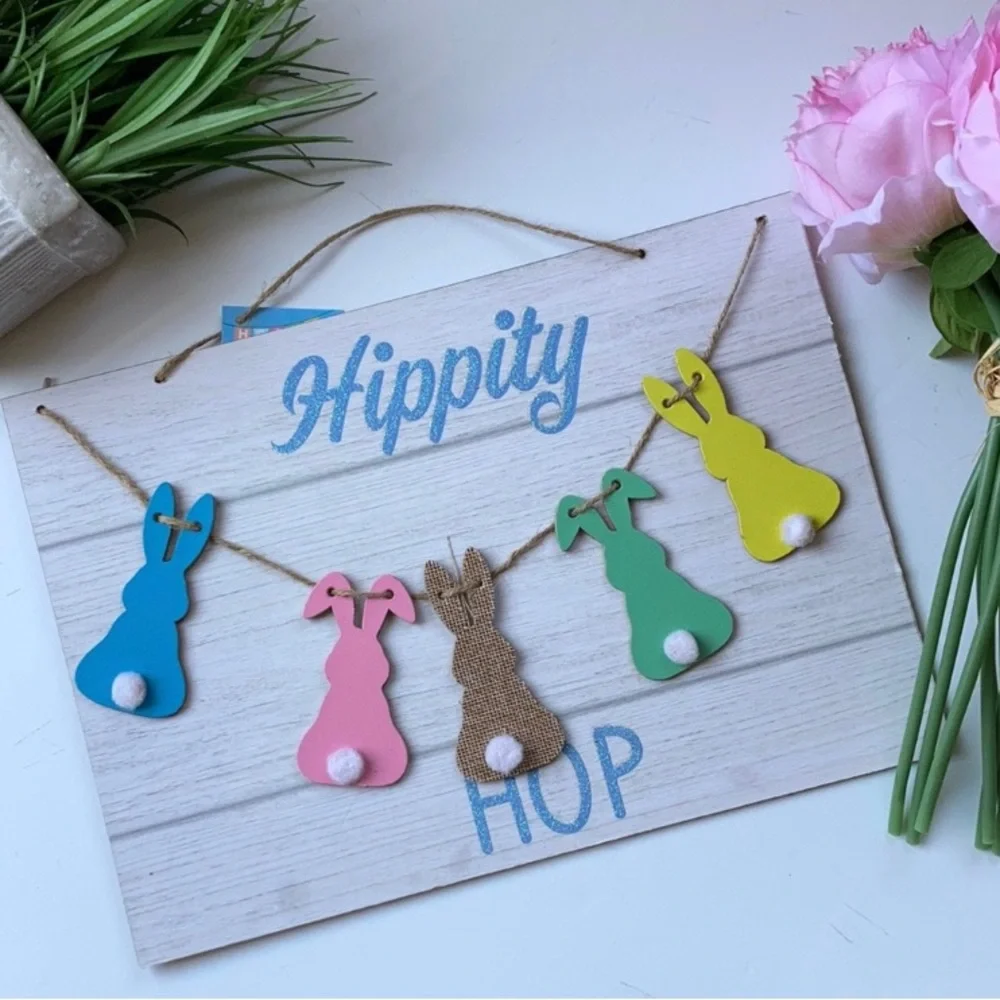 Hippity Hop Easter spring front door sign NEW art peep bunny rabbits